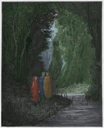 Purgatorio, Gesang 28: Dante, Virgil und Statius im alten Wald des irdischen Paradieses, Illustration aus Die Göttliche Komödie von Dante Alighieri, 1885 (digital kolorierte Gravur)